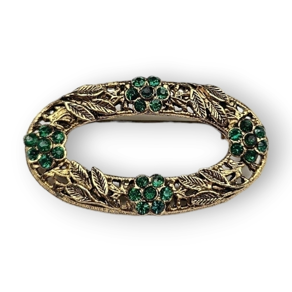 Vintage Filigree Flower Brooch Green Rhinestone Leaf Antiqued Brass Czech 1.75"